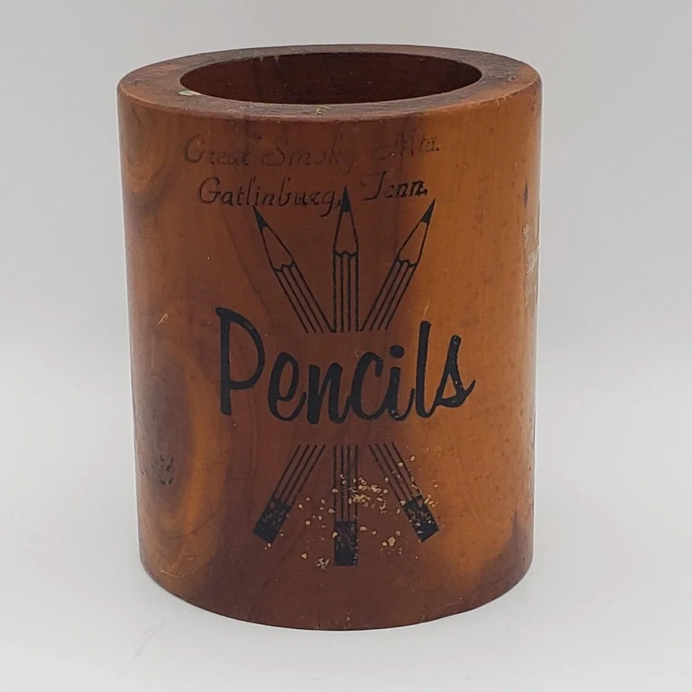 Wooden Pencil Holder Wood Cup Souvenir Great Smoky Mts Tennesse - MCM 60s/70s